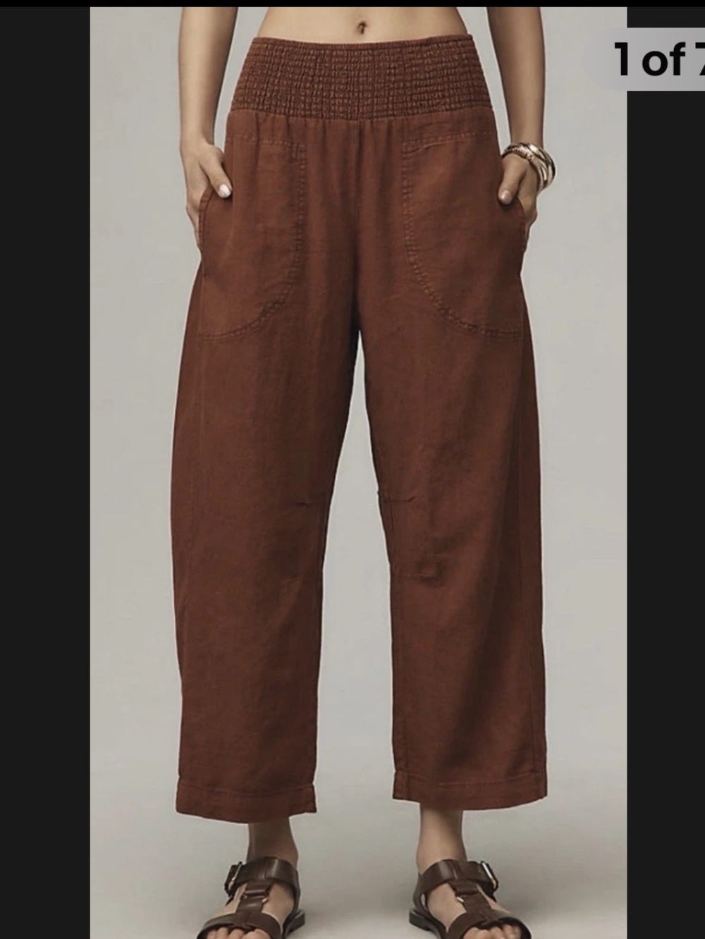 Anthropologie Pilcro Reese Smocked Linen Barrel Pants Medium Brown Boho Size M - Picture 2 of 8